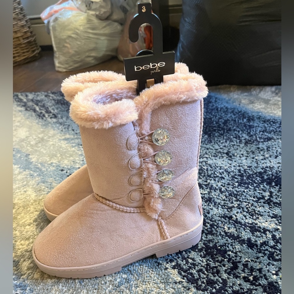 Bebe Girls Pink Round Toe Jewel Button Mid Calf Casual Winter Boots Size 3 NWT